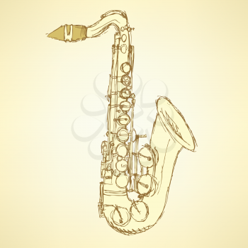 Sketch saxophone musical instrument in vintage style, vector