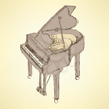 Sketch piano musical insrument in vintage style, vector
