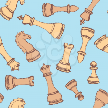 Sketch chess in vintage style, vector seamless pattern