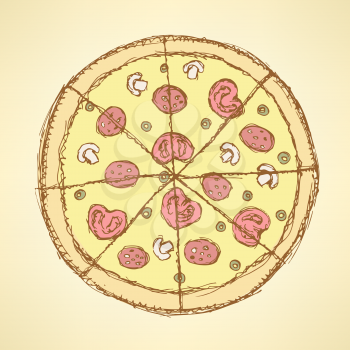 Sketch tasty pizza in vintage style, vector