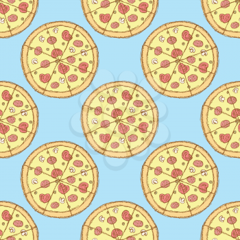 Sketch tasty pizza in vintage style, vector seamless pattern