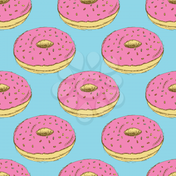 Sketch tasty donut in vintage style, vector seamless pattern