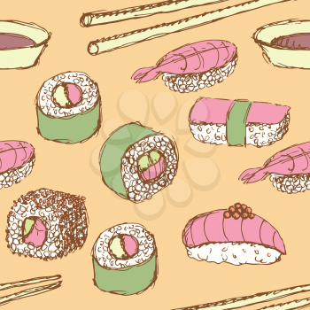 Sketch sushi rolls in vintage style, vector seamless pattern