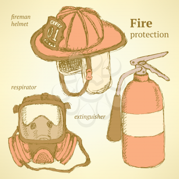 Sketch fire set in vintage style, vector
