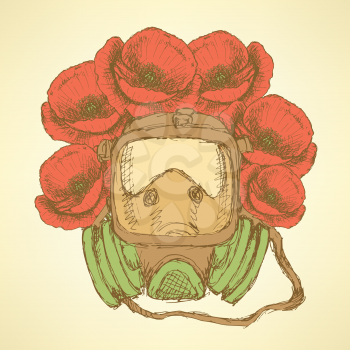 Sketch respiratory mask with poppies in vintage style, vector
