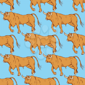 Sketch angry bull in vintage style, vector seamless pattern