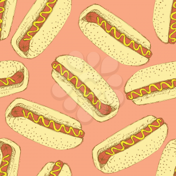 Sketch hotdog in vintage style, vector seamless pattern

