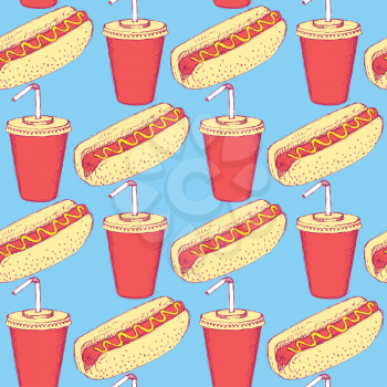 Sketch hotdog and soda in vintage style, vector seamless pattern