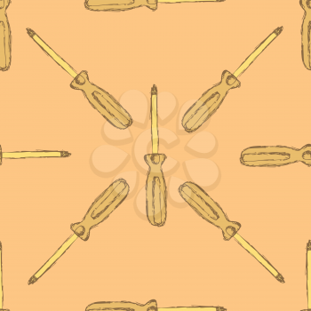 Sketch screwdriver tool in vintage style, vector seamless pattern