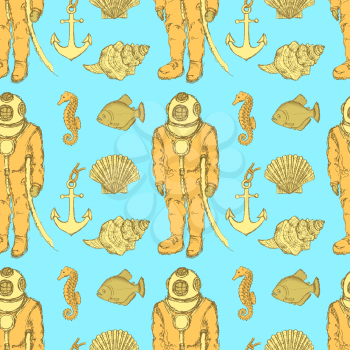 Sketch vintage diving suit and sea creatures, vector seamless pattern

