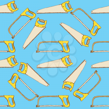 Sketch saws for wood and metal in vintage style, vector seamless pattern