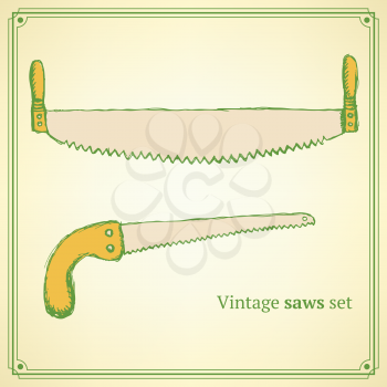 Sketch saws for wood in vintage style, vector

