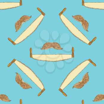Sketch mustache and saw in vintage style, vector seamless pattern
