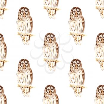 Watercolor cute owl in vintage style, vector seamless pattern

