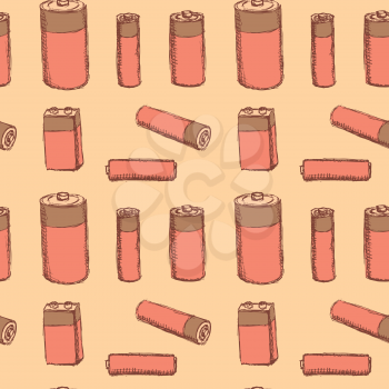 Sketch batteries in vintage style, vector seamless pattern