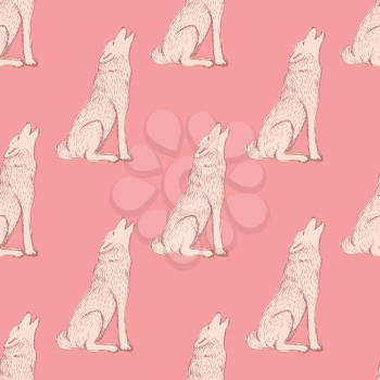 Sketch howling wolf in vintage style, vector seamless pattern