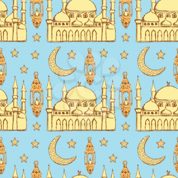 Sketch Ramadan symbol in vintage style, vector seamless pattern