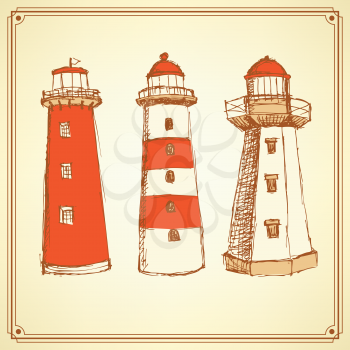 Sketch cute lighthouse in vintage style, vector