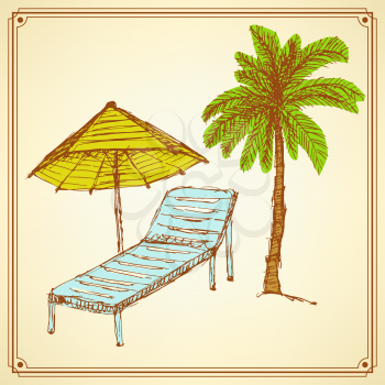 Sketch palm and deck chair in vintage style, vector