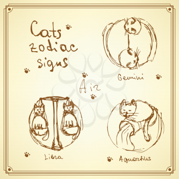 Sketch cats zodiac signs in vintage style, vector air symbols