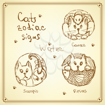Sketch cats zodiac signs in vintage style, vector water symbols