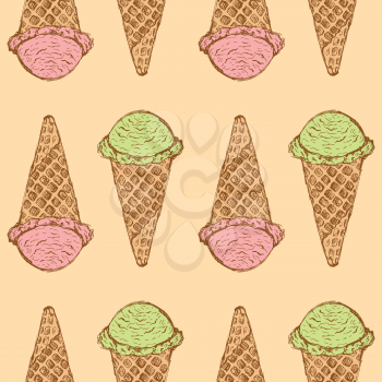 Sketch icecream cone in vintage style, vector seamless pattern