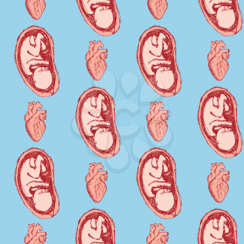 Sketch baby and heart in vintage style, vector seamless pattern
