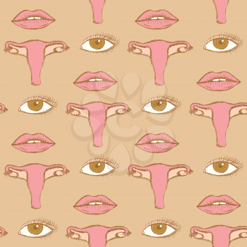 Sketch uterus and lips in vintage style, vector seamless pattern