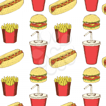 Sketch fast food  in vintage style, vector seamless pattern