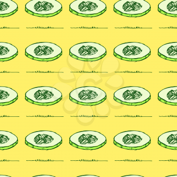 Sketch sliced cucumber in vintage style, vector seamless pattern