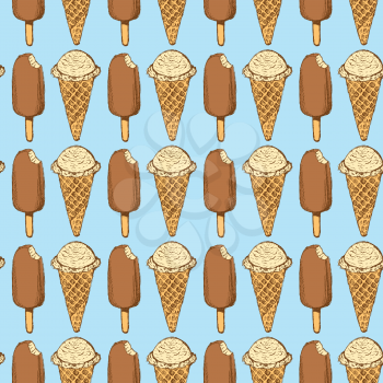 Sketch ice-cream on a stick in vintage style, vector seamless pattern