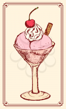 Sketch ice-cream in a bowl with cherry in vintage style, vector

