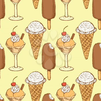 Sketch ice-cream in vintage style, vector seamless pattern