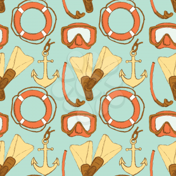Sketch vacation symbols in vintage style, vector seamless pattern