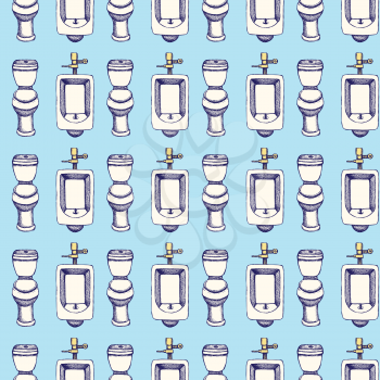 Sketch toilet and urinal in vintage style, vector seamless pattern