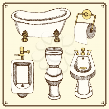 Sketch bathroom and toilet equipment in vintage style, vector

