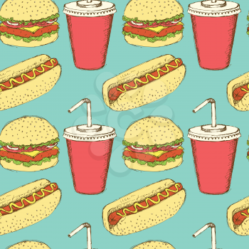 Sketch soda, hamburger and hot-dog in vintage style, vector seamless pattern