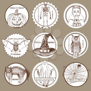 Sketch Halloween labels in vintage style, vector. Owl, vampire, bat, cat, net, spider, skeleto, witch's hat and pumpkin.