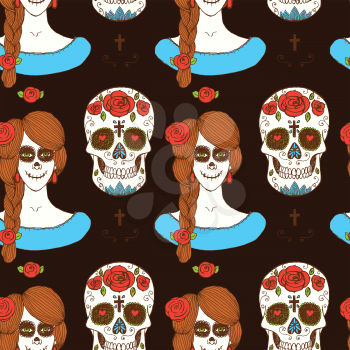 Sketch mexican skull and girl in vintage style, vector seamless pattern