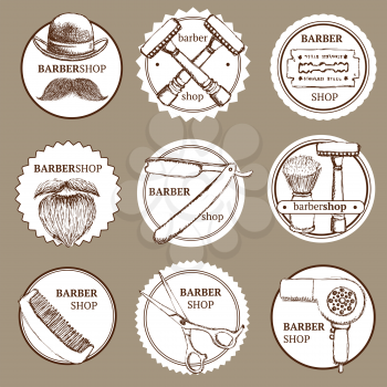 Sketch set of barbershop logotypes in vintage style, vector