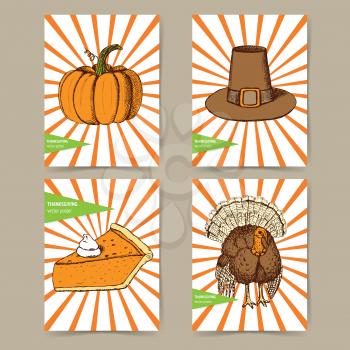 Sketch Thanksgiving set of posters in vintage style, vector. Hat, pumpkin, turkey and slice of pumpkin pie.