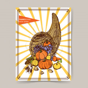 Sketch Thanksgiving cornucopia in vintage style, vector poster