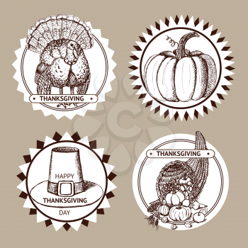 Sketch Thanksgiving set of labels in vintage style, vector. Hat, pumpkin, turkey and cornucopia.