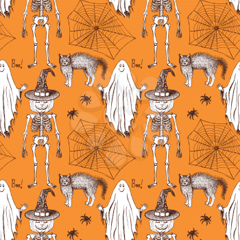 Sketch Halloween seamless pattern in vintage style, vector