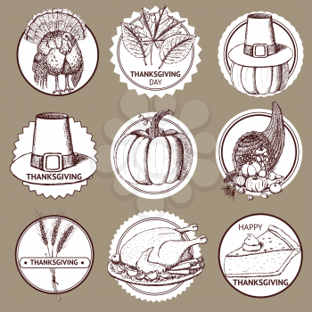 Sketch Thanksgiving set of labels in vintage style, vector. 