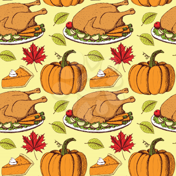 Sketch Thanksgiving seamless pattern in vintage style, vector