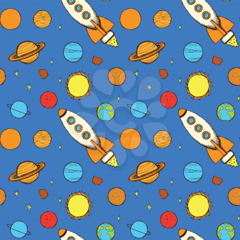Sketch rocket and planets in vintage style, vector seamless pattern