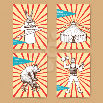 Sketch circus posters in vintage style, vector tent, rabbit, strongman, bear