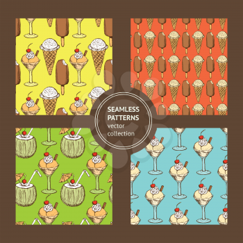Sketch set with ice cream patterns, tasty vector seamless pattern