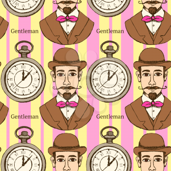 Sketch man in hat and pocket watch in vintage style, vector seamless pattern